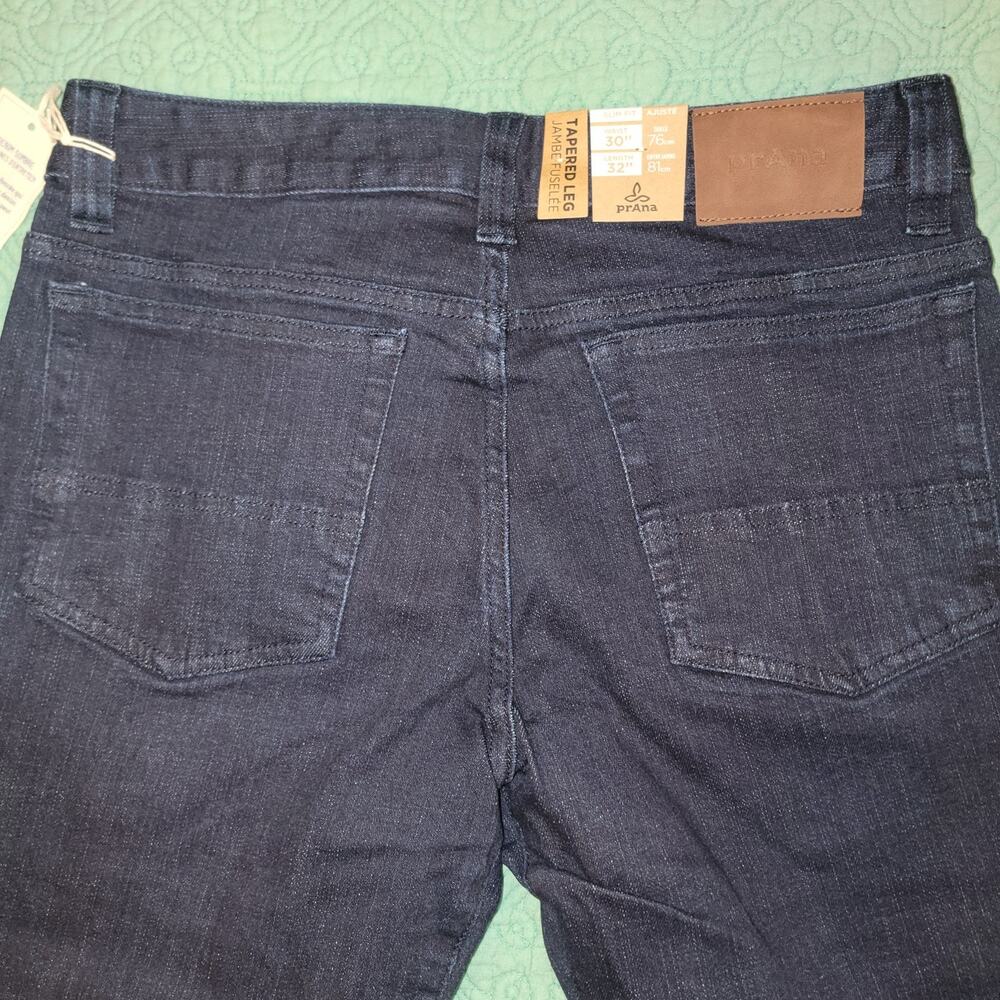 PrAna Hillgard Slim Jean Rinse Wash Mens 32/30 Tapered Stretch Dark Denim NWT